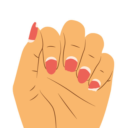 female hand with regrowth visible on hybrid manicure and broken nails; ideal for use in beauty industry content related to nail correction, manicure maintenance, and salon services- vector illustrationのイラスト素材