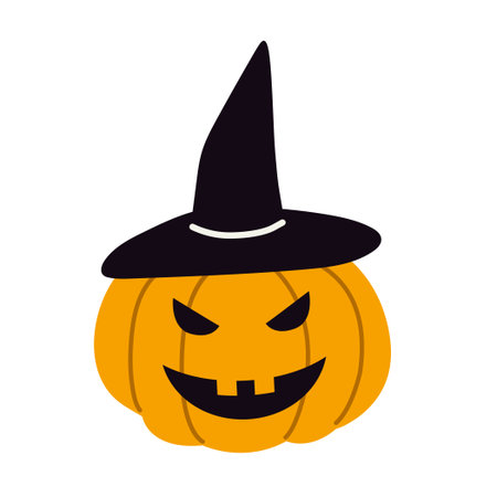halloween jack-o-lantern pumpkin with a carved face wearing a witch hat- vector illustrationのイラスト素材