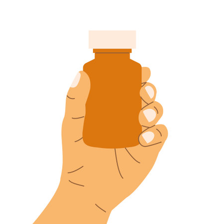 hand holding a pill bottle; symbolize medicine, healthcare, pharmacy, prescriptions, health management, or wellness concepts- vector illustrationのイラスト素材