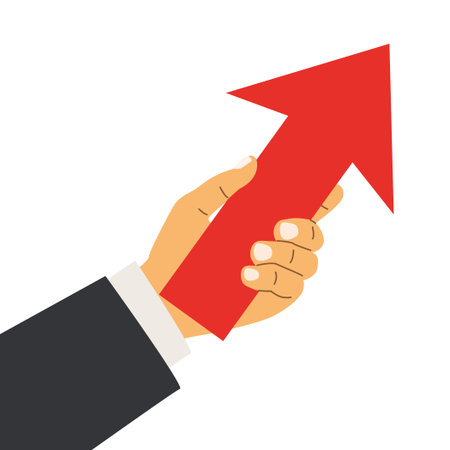 businessman hand holding big red arrow; symbolizing growth, success, progress, and direction- vector illustrationのイラスト素材
