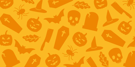 orange Halloween banner with bat, pumpkin, knife, grave, leaf, spider, wich hat, skull and coffin icons - vector illustrationのイラスト素材