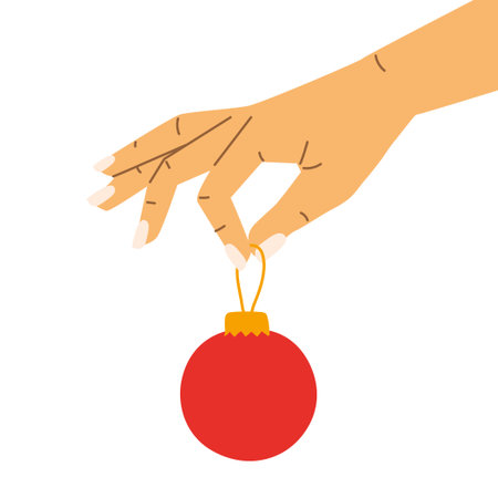 female hand holding red Christmas bauble; Perfect for holiday and festive designs, seasonal marketing, Christmas cards- vector illustrationのイラスト素材
