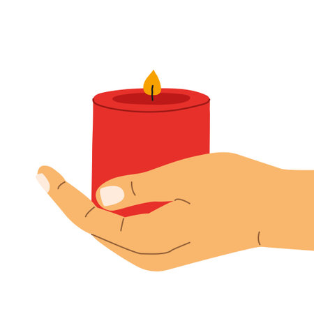 hand holding red burning candle; advent, christmas, cozy autumn concept -vector illustrationのイラスト素材