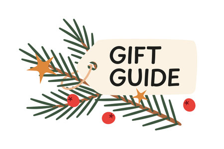 price tag decorated with fir branch, berries and stars with gift guide text- vector illustrationのイラスト素材