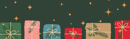 banner with colorful christmas gifts decorated with fir branches; winter holiday concept - vector illustrationのイラスト素材