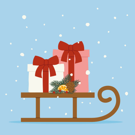 christmas sleigh with gift boxes decorated with red bows and fir tree - vector illustrationのイラスト素材