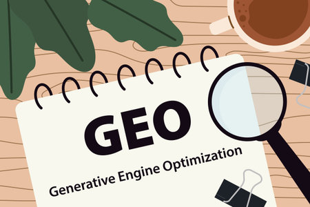 GEO Generative Engine Optimization written in a spiral notebook with a magnifier glass, symbolizing AI search, innovation, and digital marketing - vector illustrationのイラスト素材