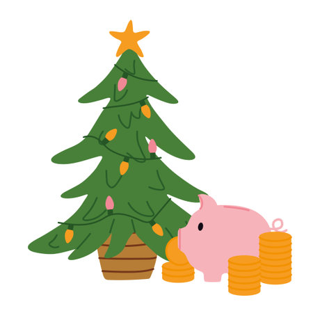 piggy bank under a decorated Christmas tree symbolizing the concept of expensive holidays, festive spending, and financial planning during Christmas season- vector illustrationのイラスト素材