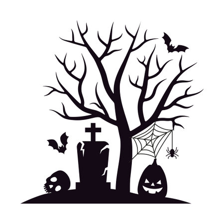 spooky Halloween design with bare tree, flying bat, grave, skull, spider and jack oâ lanterns; perfect for Halloween decorations, party invitations, and seasonal design projects- vector illustrationのイラスト素材