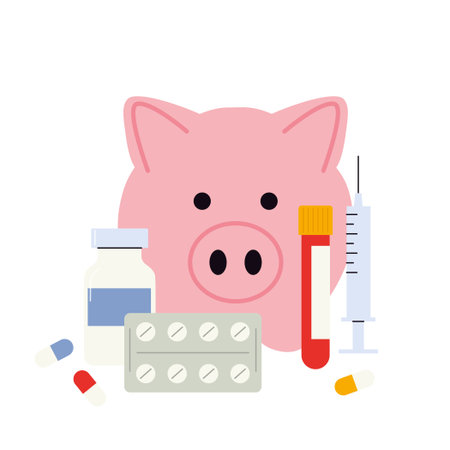 piggy bank with pills, syringe, blood sample symbolizing the high cost of treatment, insurance, and healthcare budgeting- vector illustrationのイラスト素材