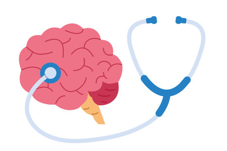 human brain connected with a stethoscope, symbolizing mental health, psychology, and medical care, neurological examination, stress diagnosis, and mindâbody connection- vector illustrationのイラスト素材