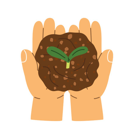 hands holding a seedling with soil, symbol of growth, ecology, nature care, and sustainability, perfect for eco and environmental designs -vector illustrationのイラスト素材