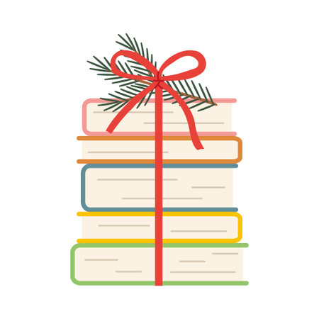 pile of books with red bow as the best christmas present concept- vector illustrationのイラスト素材