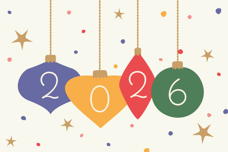 happy New Year 2026 concept with hanging christmas baubles, dots and stars- vector illustrationのイラスト素材