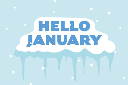 Hello January text on snow-covered surface with icicles, winter holiday greeting, cold season, frost, snow cap decoration, seasonal typography illustration- vector illustrationのイラスト素材