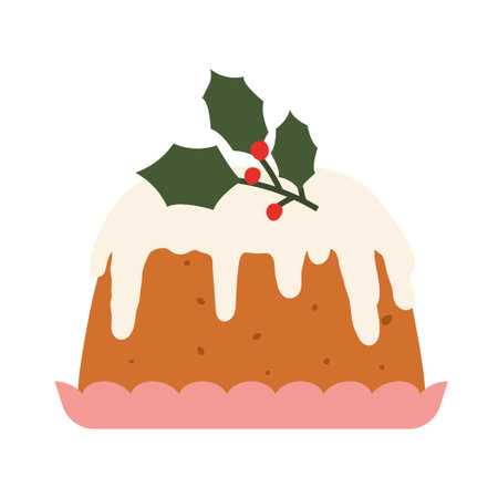 Christmas pudding decorated with holly berry twig- vector illustrationのイラスト素材