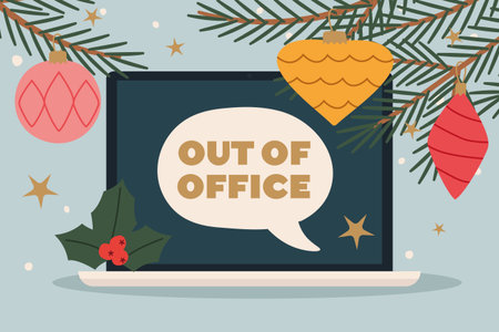 auto responder out of office written on a laptop screen; winter, christmas vacation concept - vector illustrationのイラスト素材