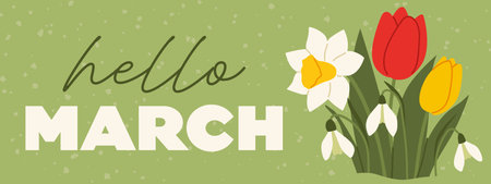 hello march banner with bouquet of tulips, daffodil and snowdrops as a symbol of spring freshness - vector illustrationのイラスト素材
