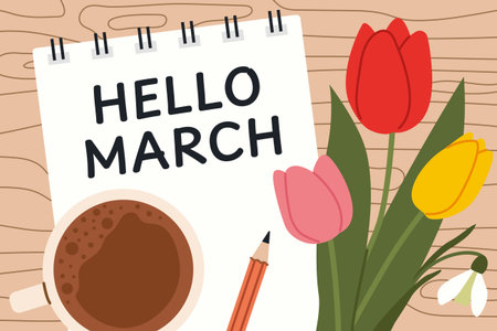 hello march written on a spiral notebook with tulip and snowdrops flowers - vector illustrationのイラスト素材