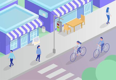 Isometric street 3d road illustration. Man and woman characters riding bicycle in the City. Girl crossing Road On Crosswalk .sidewalk, crosswalk and urban landscape. traffic light. Store. Shop.のイラスト素材