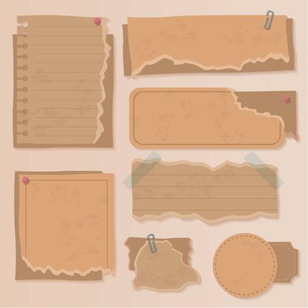 Set of old paper. Vintage scrapbooks papers and retro photo book scraps. Vintage paper objects, Brown paper textures and labels illustrations. different aged paper objects for your layouts.のイラスト素材