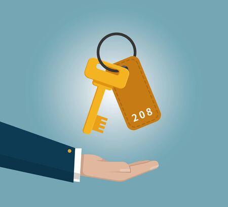 Businessman's hand holding key. Real estate, car sale, rent apartments or house concepts. flat design vector illustration isolated on blue background.のイラスト素材