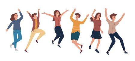 Collection of joyful jumping men and women dressed in casual clothes. The concept of friendship, healthy, happiness, lifestyle, young, party, success. Vector illustration in a flat style.のイラスト素材
