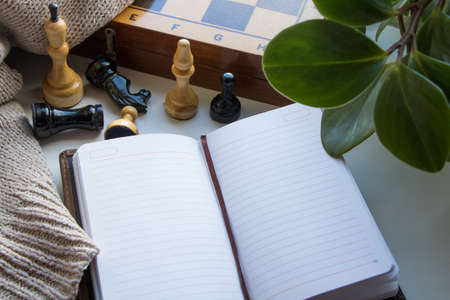 An open notebook with a place for text, a plant and a chessboard with chess finishes.の写真素材