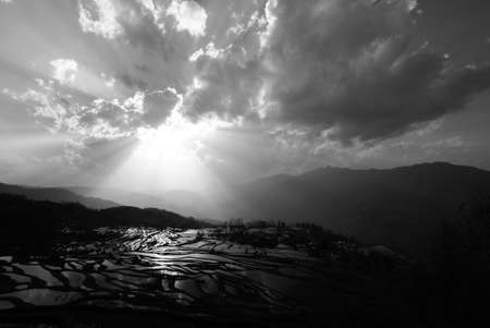 The evening Shot of a hill paddy field with the light reflection of the sunset. Taken in Yunan, Chinaの写真素材