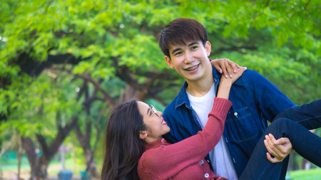couple enjoy happy time in the parkの写真素材