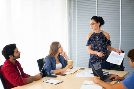 Business people working in office on desktop computer, Group of happy business people in smart...