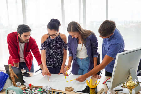 Business people working in office on desktop computer, Group of happy business people in smart...