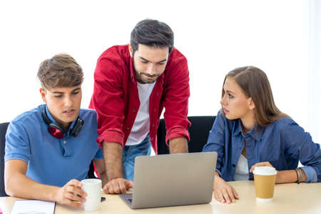 Business people working in office on desktop computer, Group of happy business people in smart...