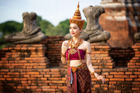 Asia woman wearing traditional Thai dress,The costume of the national dress of ancient Thailand...