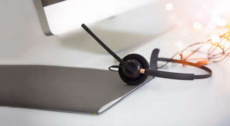 close up on head phone, new online business sale team people and call center it support helping...