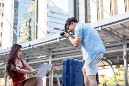 Couple love on summer vacation travel. Man and Woman walking on city romantic honeymoon, couple...