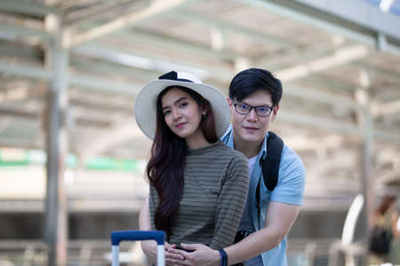 Couple love on summer vacation travel. Man and Woman walking on city romantic honeymoon, couple lover on travel concept.の写真素材