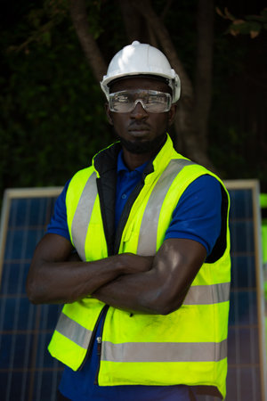 maintenance engineer, Solar energy systems engineer perform analysis solar panelsの写真素材