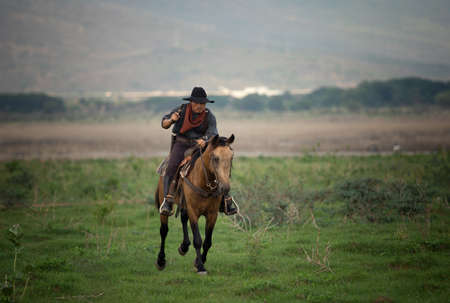 cowboy on horseback against a beautiful sunset, cowboy and horse at first light,mountain, river and...
