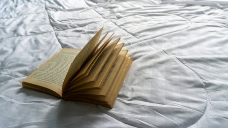 Open book on the bed. The concept of reading and education.の写真素材