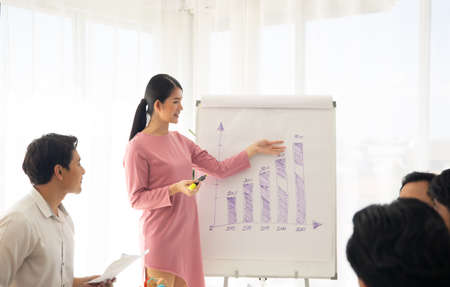 Smiling millennial female coach or presenter talk interact with multiracial colleagues at meeting, happy young woman tutor make flip chart whiteboard presentation at office briefingの写真素材