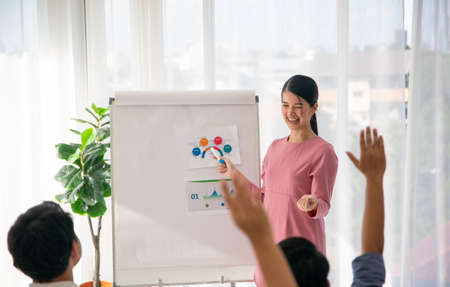 Smiling millennial female coach or presenter talk interact with multiracial colleagues at meeting, happy young woman tutor make flip chart whiteboard presentation at office briefingの写真素材