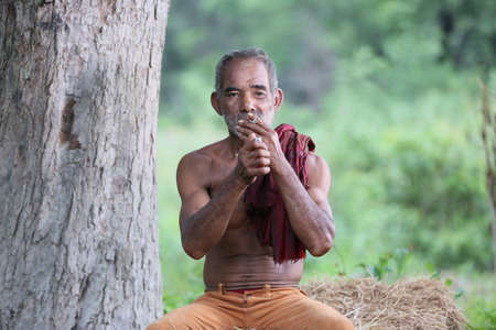 Portrait of senior man on rural  backgroundの写真素材