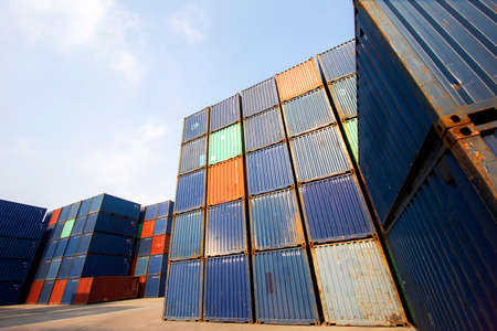 Container Cargo Port Ship Yard Storage Handling of Logistic Transportation Industry. Row of Stacking...
