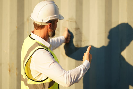 Foreman control loading Containers box from Cargo freight ship for import export. Freight containers in sea port.の写真素材