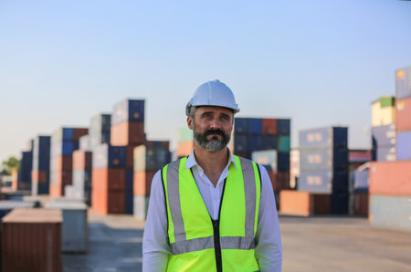 Foreman control loading Containers box from Cargo freight ship for import export.の写真素材