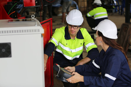 engineer checking control panel and teaching new Automatics robot arm and operating control machine in factory.の写真素材