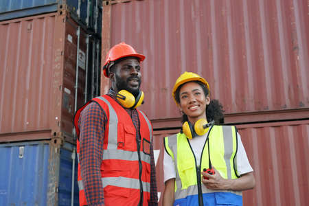 Foreman control Industrial Container Cargo freight ship at industry. Transportation and logistic.