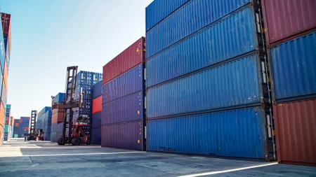 Containers in freight terminal at day time for Logistic Import Export background