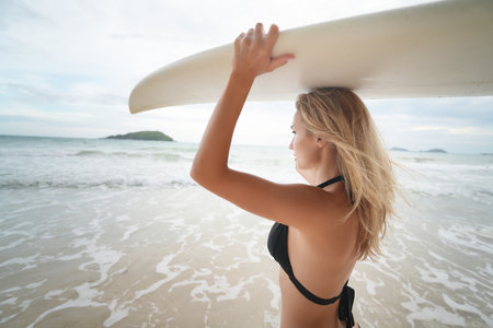 Sexy women poses with surfboard at the beach. woman carrying over her head surfboard on sunsetの写真素材